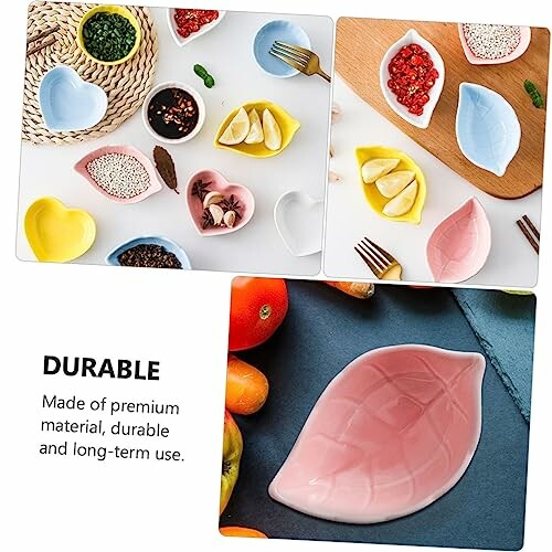 Colorful leaf-shaped ceramic bowls with snacks and text about durability.