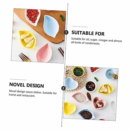 Leaf-shaped sauce dishes in various colors with condiments.