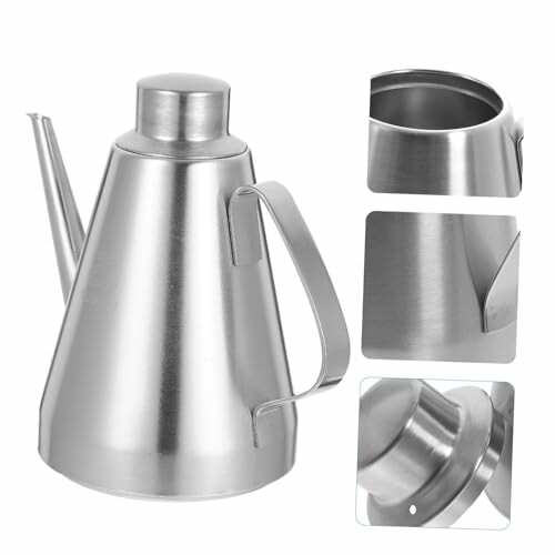 Close-up view of stainless steel oil can with spout and handle.