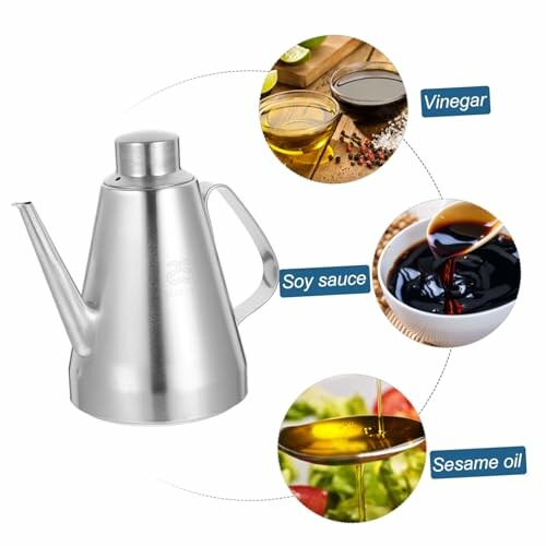 Stainless steel oil dispenser with soy sauce, vinegar, and sesame oil options.